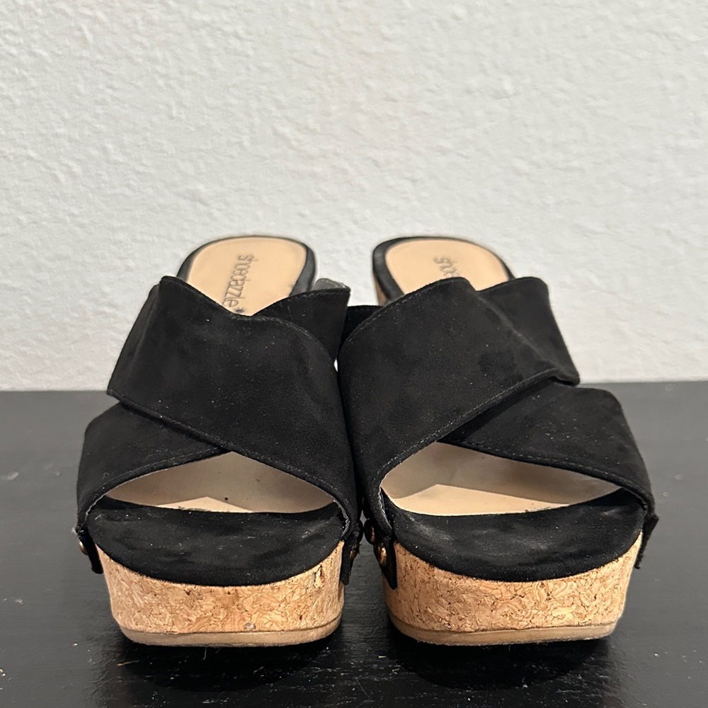Shoe Dazzle Black Cork Wedge Slide Sandals with Stud Accents - Picture 6 of 8